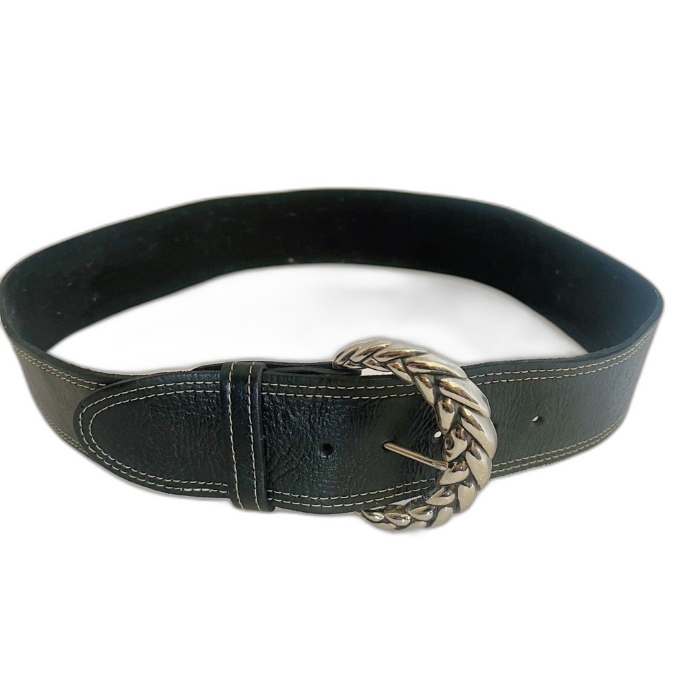 Chico's Black Leather Chunky Belt Silver Braided Buckle y2k Women's Size M 32